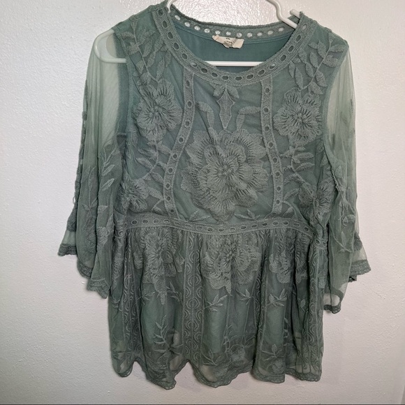 Entro Lace Blouse 3/4 Bell Sleeve Blue Green - Picture 2 of 11